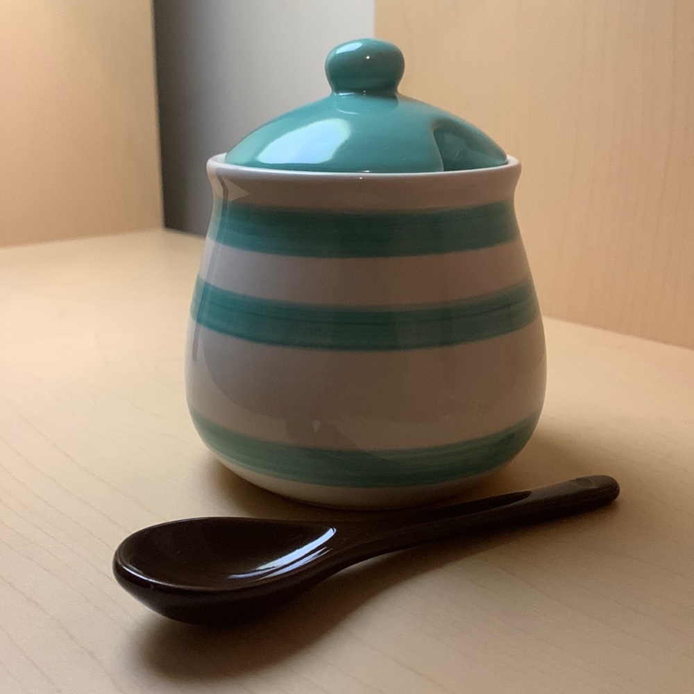Daiso Japan - Kitchen Pot Striped White & Turquoise with Spoon - 350ml (11.8oz)